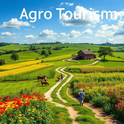 A picturesque book cover design for an agro tourism book, featuring a stunning landscape of lush green fields and vibrant flowers, with a rustic farmhouse set against a blue sky