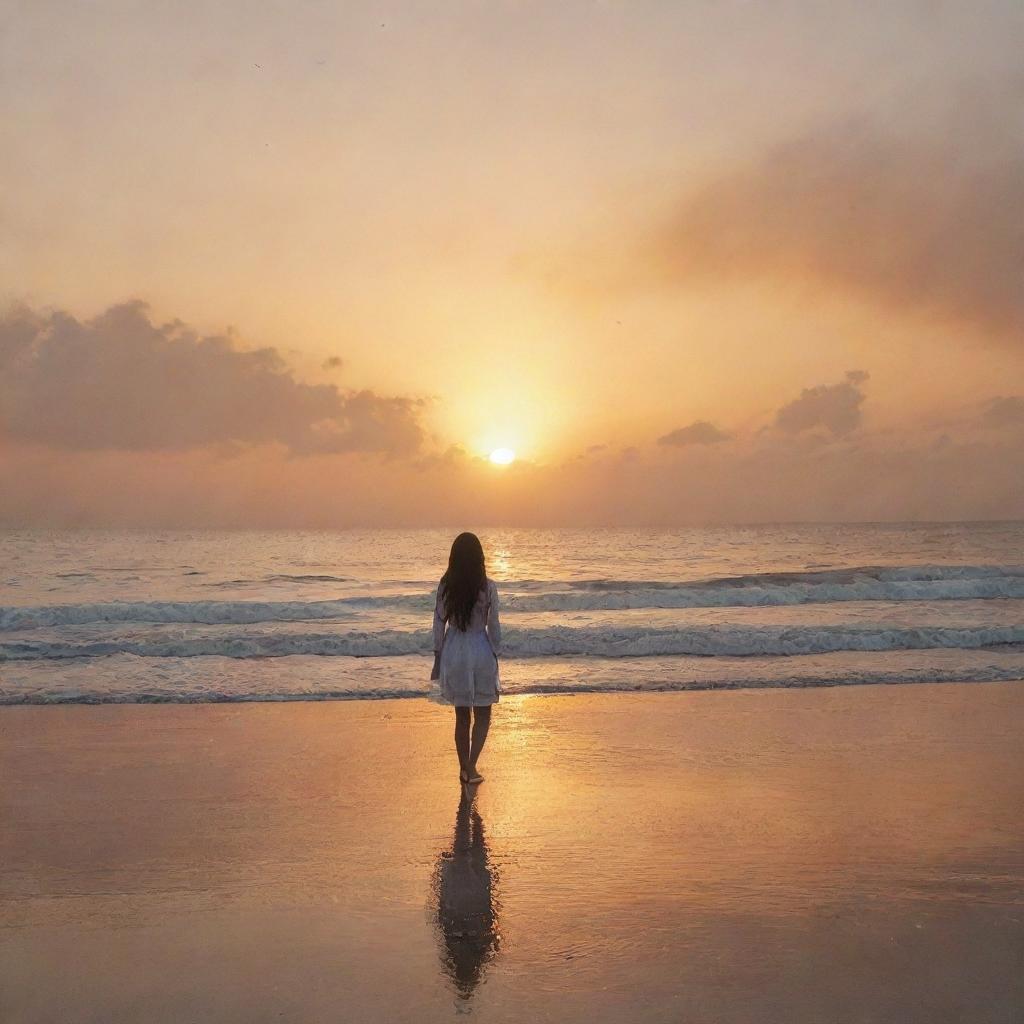 The name 'Abeer' written in clouds at sunset over a sea beach, with a girl standing and looking at it.