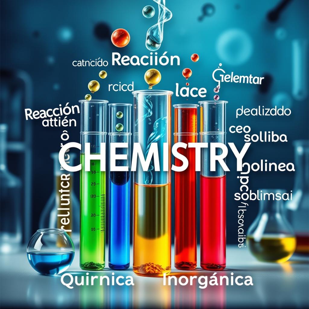 An artistic composition featuring laboratory test tubes filled with colorful liquids, symbolizing various chemistry elements and reactions