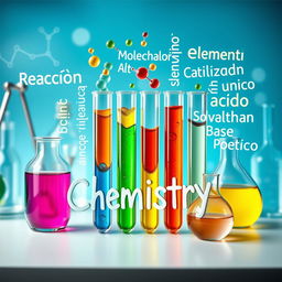 An artistic composition featuring laboratory test tubes filled with colorful liquids, symbolizing various chemistry elements and reactions