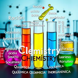 An artistic composition featuring laboratory test tubes filled with colorful liquids, symbolizing various chemistry elements and reactions