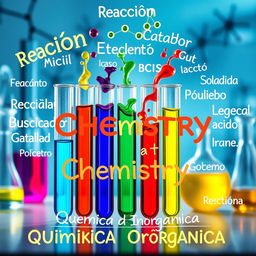 An artistic composition featuring laboratory test tubes filled with colorful liquids, symbolizing various chemistry elements and reactions