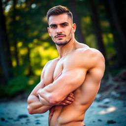 A muscular man confidently posing, emphasizing his well-defined physique