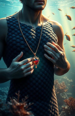 A merman with dark scales covering his upper body, depicting a majestic and mythical underwater creature