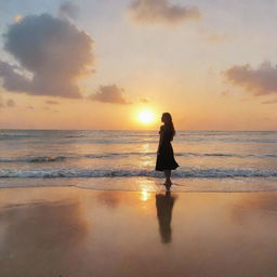 The name 'Abeer' written in clouds at sunset over a sea beach, with a girl standing and looking at it.