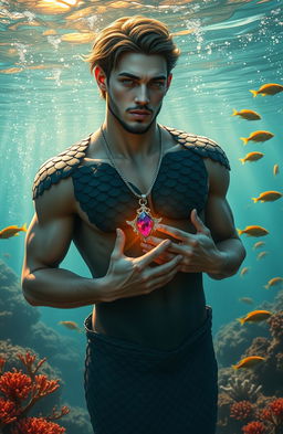 A merman with dark scales covering his upper body, depicting a majestic and mythical underwater creature