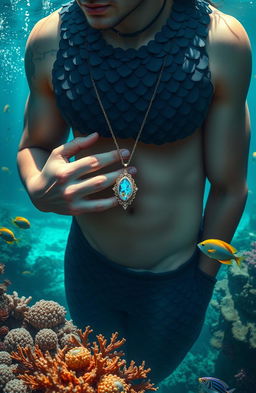 A merman with dark scales covering his upper body, depicting a majestic and mythical underwater creature