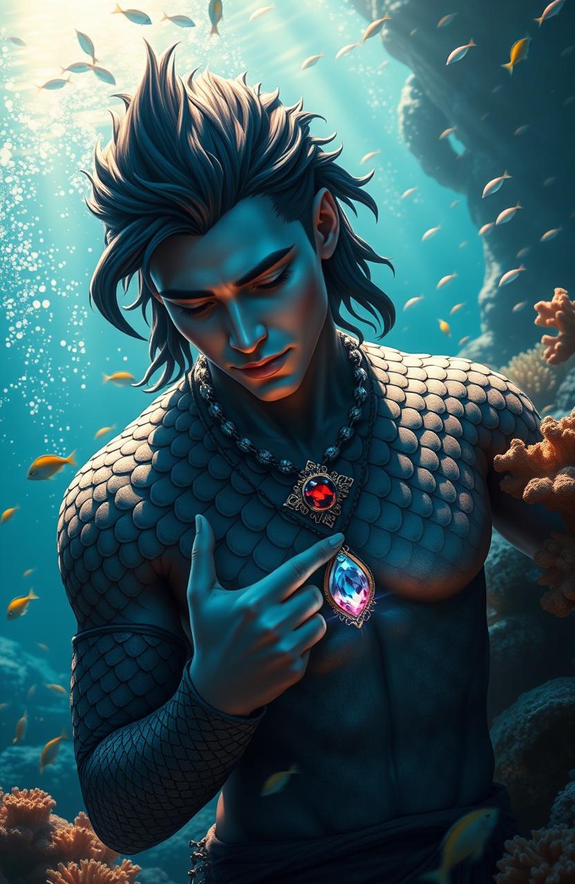 A merman with dark scales covering his upper body, depicting a majestic and mythical underwater creature