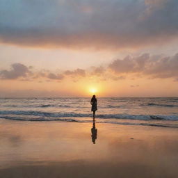 The name 'Abeer' written in clouds at sunset over a sea beach, with a girl standing and looking at it.