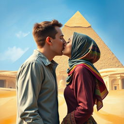 A passionate kiss between a European man and a Muslim woman in front of the Great Pyramid of Khufu, beautifully depicted in an oil painting style