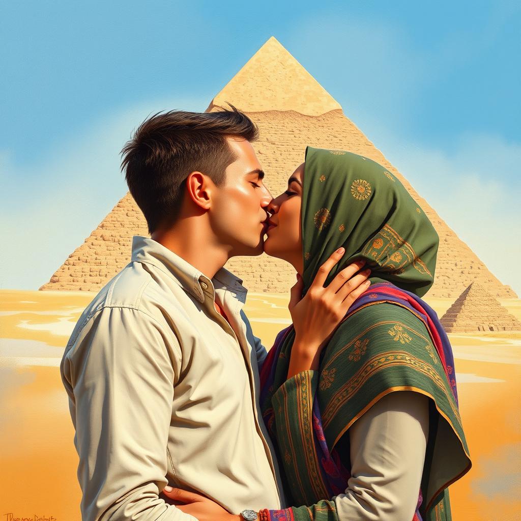 A passionate kiss between a European man and a Muslim woman in front of the Great Pyramid of Khufu, beautifully depicted in an oil painting style