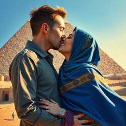 A passionate kiss between a European man and a Muslim woman in front of the Great Pyramid of Khufu, beautifully depicted in an oil painting style