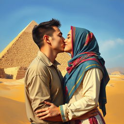 A passionate kiss between a European man and a Muslim woman in front of the Great Pyramid of Khufu, beautifully depicted in an oil painting style