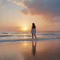 The name 'Abeer' written in clouds at sunset over a sea beach, with a girl standing and looking at it.