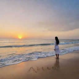 The name 'Abeer' written in clouds at sunset over a sea beach, with a girl standing and looking at it.