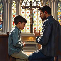 A poignant oil painting depicting a young boy, around five years old, kneeling in prayer beside his young father in a serene church setting