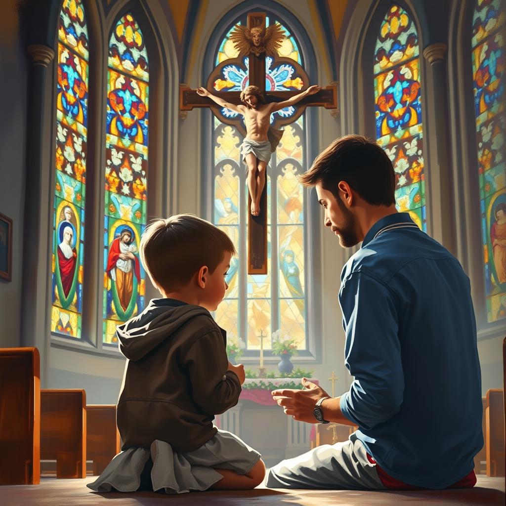 A poignant oil painting depicting a young boy, around five years old, kneeling in prayer beside his young father in a serene church setting