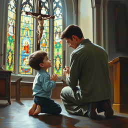 A poignant oil painting depicting a young boy, around five years old, kneeling in prayer beside his young father in a serene church setting