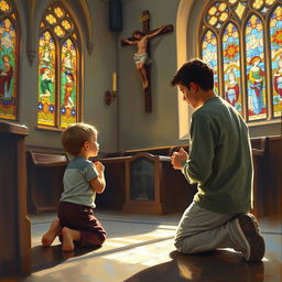 A poignant oil painting depicting a young boy, around five years old, kneeling in prayer beside his young father in a serene church setting