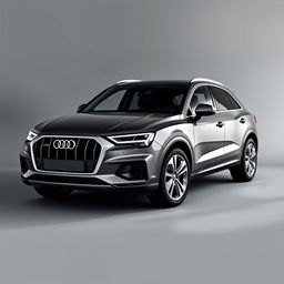 A sleek Audi Q3 SUV elegantly positioned against a smooth grey background, showcasing its modern design and aerodynamic lines