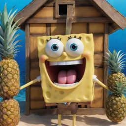 A cheerful SpongeBob SquarePants, with his signature square pants, big blue eyes, and iconic buck-toothed smile, standing in front of his pineapple house under the sea.