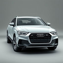 A sleek Audi Q3 SUV elegantly positioned against a smooth grey background, showcasing its modern design and aerodynamic lines