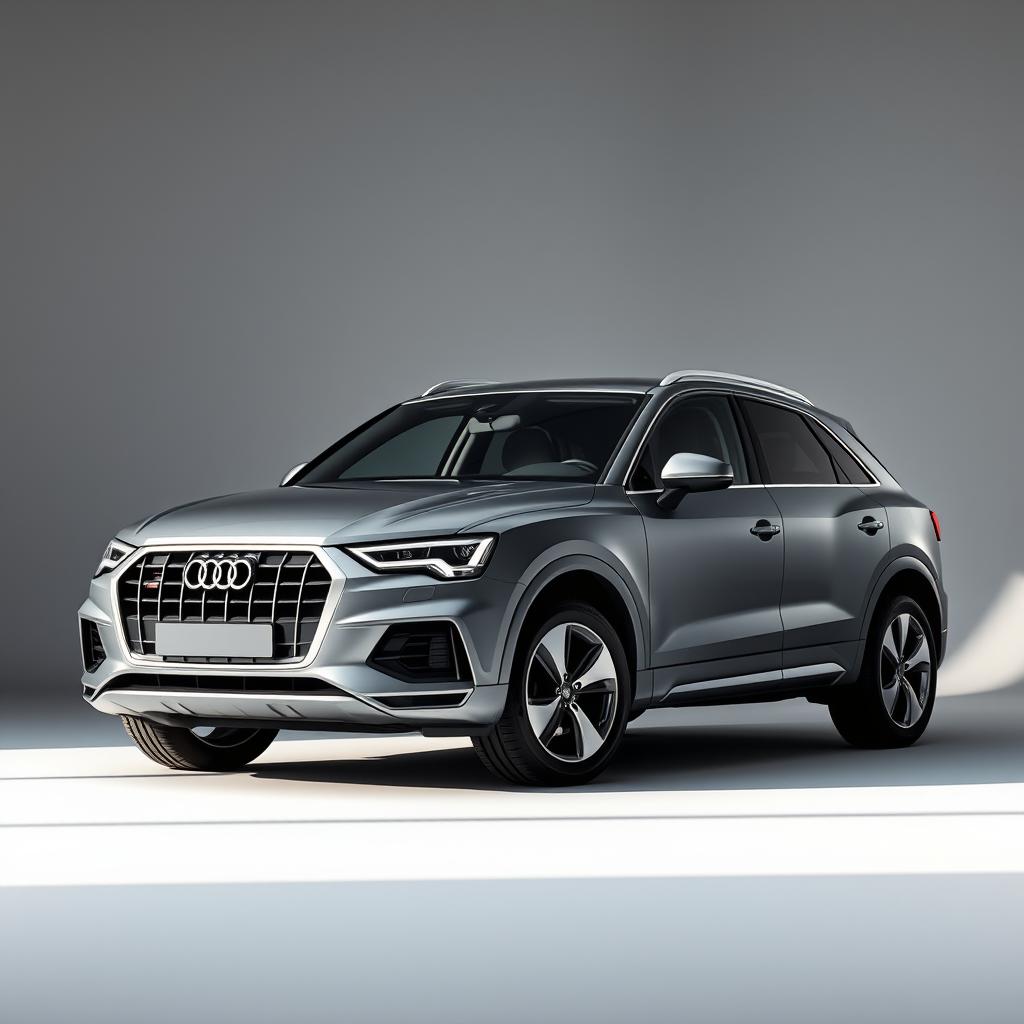 A sleek Audi Q3 SUV elegantly positioned against a smooth grey background, showcasing its modern design and aerodynamic lines