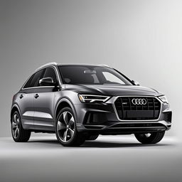 A sleek Audi Q3 SUV elegantly positioned against a smooth grey background, showcasing its modern design and aerodynamic lines