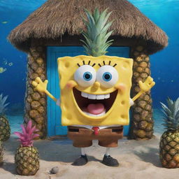 A cheerful SpongeBob SquarePants, with his signature square pants, big blue eyes, and iconic buck-toothed smile, standing in front of his pineapple house under the sea.