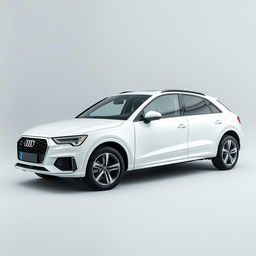 A sleek white Audi Q3 SUV elegantly positioned against a smooth grey background, showcasing its modern design and aerodynamic lines