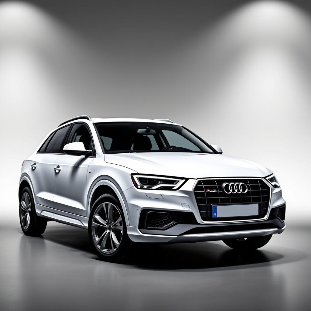 A sleek white Audi Q3 SUV elegantly positioned against a smooth grey background, showcasing its modern design and aerodynamic lines