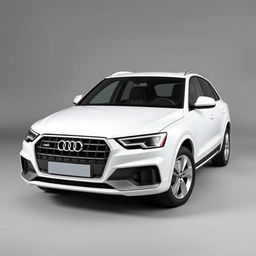 A sleek white Audi Q3 SUV elegantly positioned against a smooth grey background, showcasing its modern design and aerodynamic lines