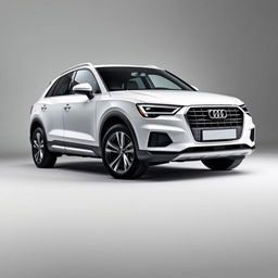 A sleek white Audi Q3 SUV elegantly positioned against a smooth grey background, showcasing its modern design and aerodynamic lines