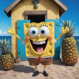 A cheerful SpongeBob SquarePants, with his signature square pants, big blue eyes, and iconic buck-toothed smile, standing in front of his pineapple house under the sea.