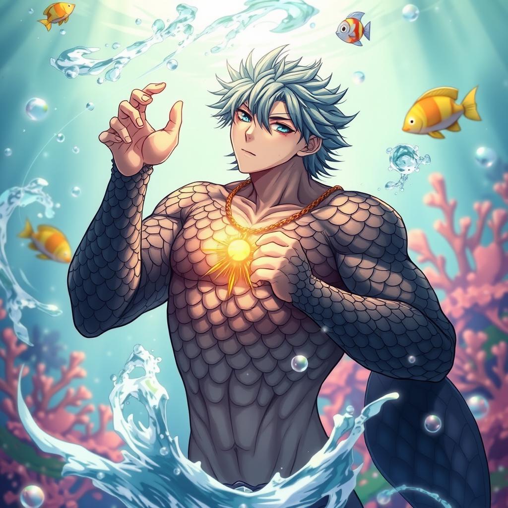 An anime-style merman with dark scales covering his upper body, striking a dynamic pose while holding a radiant necklace close to his heart