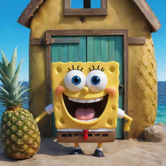 A cheerful SpongeBob SquarePants, with his signature square pants, big blue eyes, and iconic buck-toothed smile, standing in front of his pineapple house under the sea.