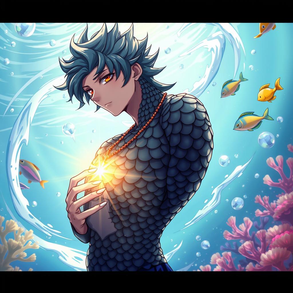 An anime-style merman with dark scales covering his upper body, striking a dynamic pose while holding a radiant necklace close to his heart