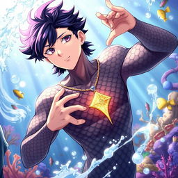 An anime-style merman with dark scales covering his upper body, striking a dynamic pose while holding a radiant necklace close to his heart