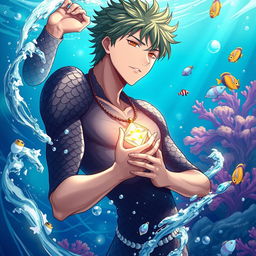 An anime-style merman with dark scales covering his upper body, striking a dynamic pose while holding a radiant necklace close to his heart