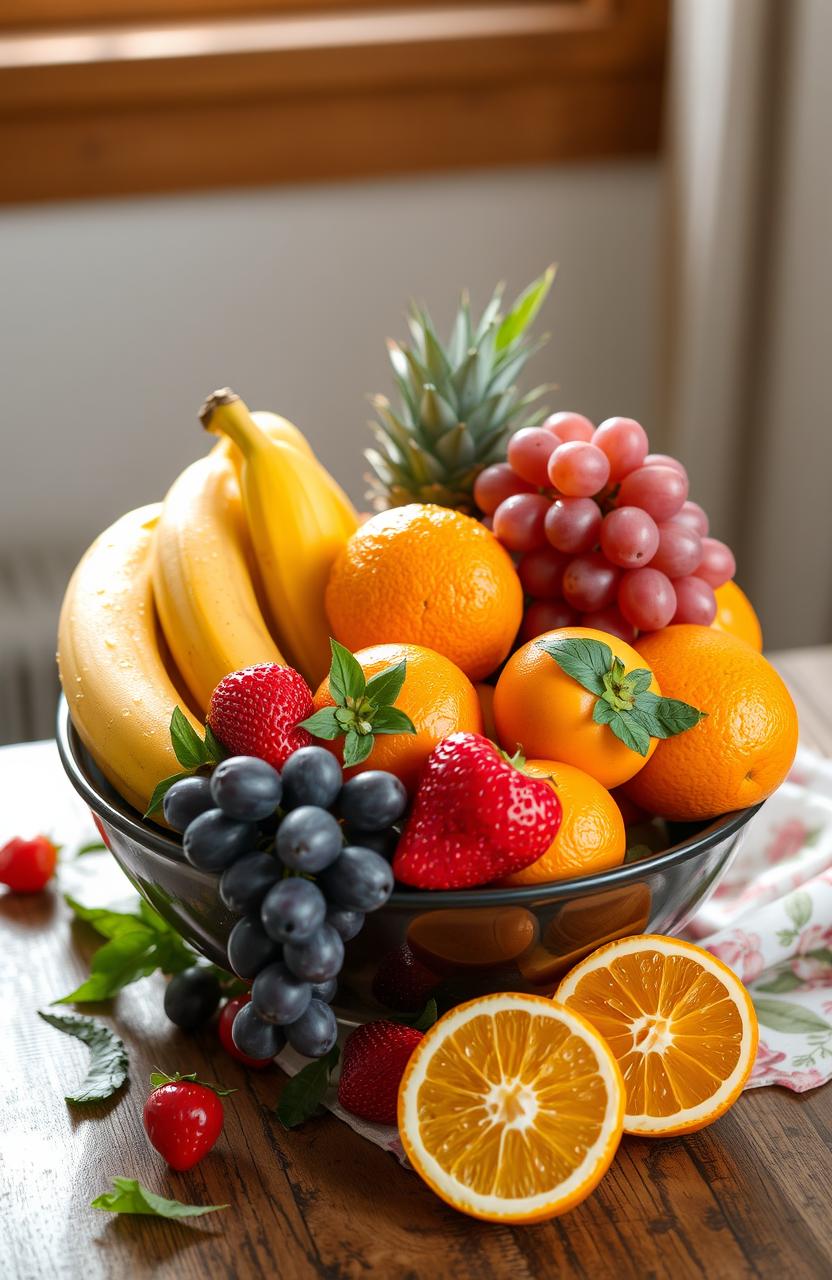 A beautifully arranged bowl of various exotic fruits, showcasing a vibrant color palette