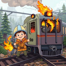 A cartoon scene featuring a brave young boy and his clever pet rat, embarking on an exciting adventure to save a burning electric train