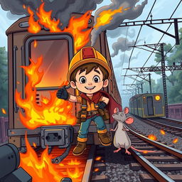 A cartoon scene featuring a brave young boy and his clever pet rat, embarking on an exciting adventure to save a burning electric train