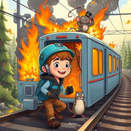 A cartoon scene featuring a brave young boy and his clever pet rat, embarking on an exciting adventure to save a burning electric train