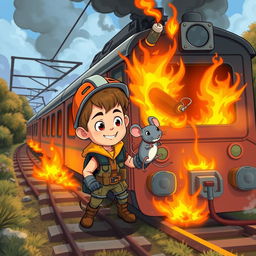 A cartoon scene featuring a brave young boy and his clever pet rat, embarking on an exciting adventure to save a burning electric train