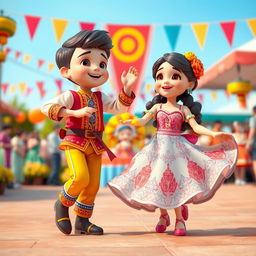 A vibrant 3D illustration of a boy and a girl performing the Lezginka dance, capturing the essence of Turkish culture