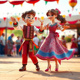 A vibrant 3D illustration of a boy and a girl performing the Lezginka dance, capturing the essence of Turkish culture