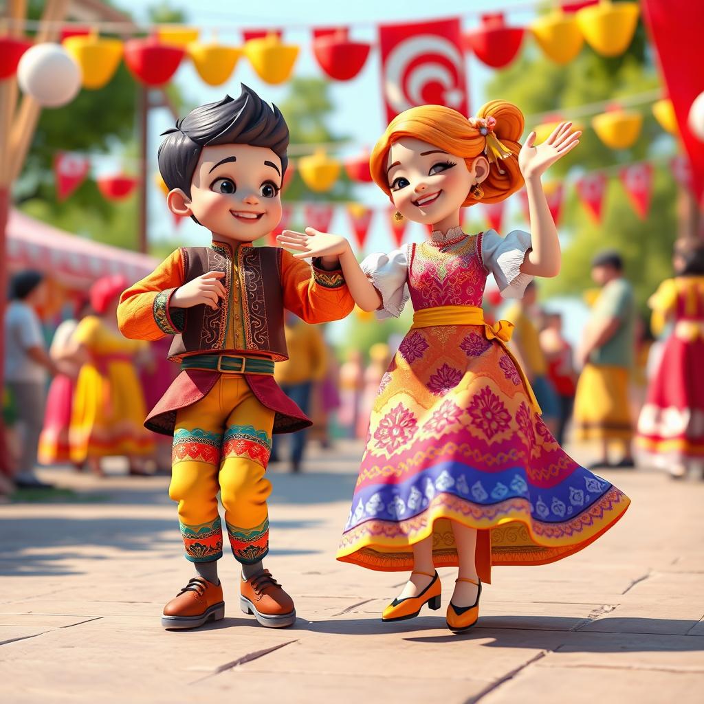 A vibrant 3D illustration of a boy and a girl performing the Lezginka dance, capturing the essence of Turkish culture