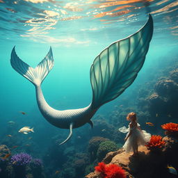 A captivating scene depicting an underwater merman with a striking fin gracefully swimming through the ocean