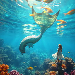 A captivating scene depicting an underwater merman with a striking fin gracefully swimming through the ocean