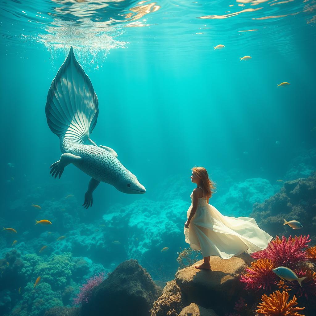 A captivating scene depicting an underwater merman with a striking fin gracefully swimming through the ocean